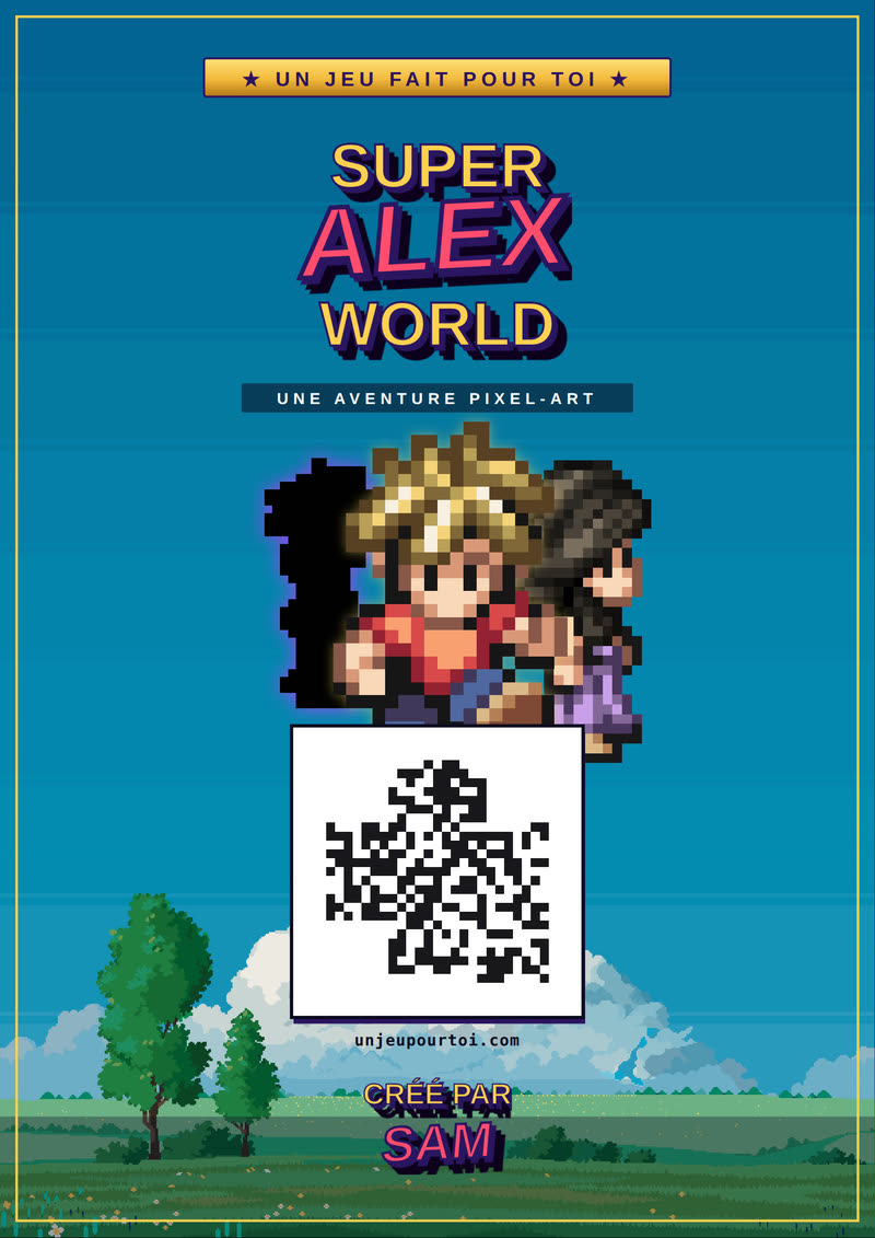 Exemple d'affiche A4 : le titre du jeu, les deux personnages et un QR code