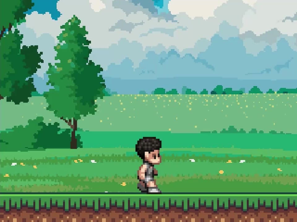 Aperçu du jeu : un personnage pixel-art traverse un décor de forêt